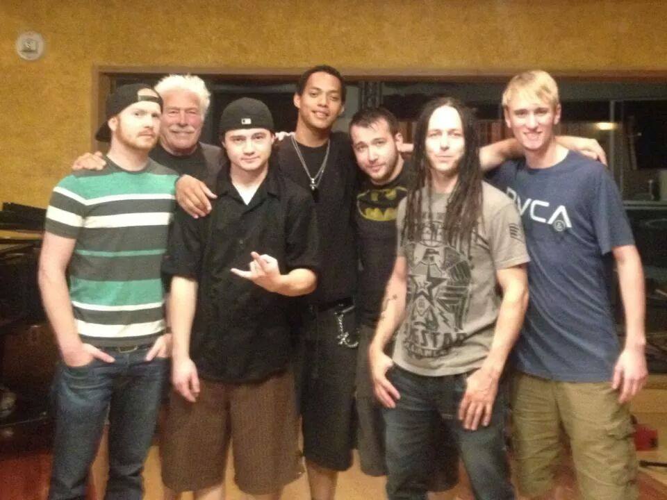 (L to R) Engineer Robert Katz, Drum tech Jeff Ocheltree, drummer Steven Taft, bassist Solomon Dilger, vocalist Brendan Rudnick, producer John Moyer, and guitarist Dustin Turner.