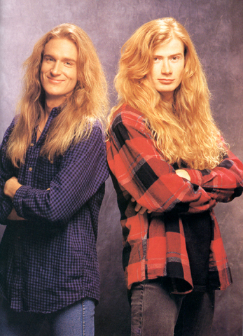 A younger David Ellefson and Dave Mustaine who remain the core of Megadeth.