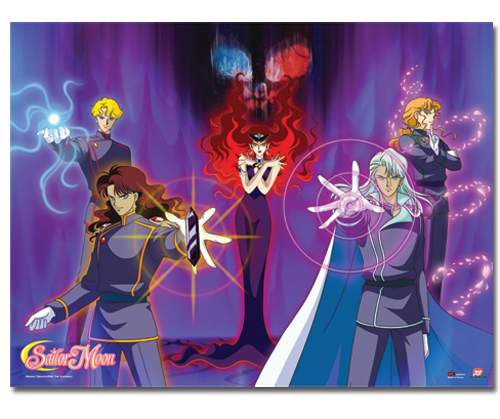 Sailor Moon and her friends must battle the evil Queen Beryl (center) and her generals, the Four Heavenly Kings. From left to right: Jadeite (blond), Nephrite (red hair), Kunzite, and Zoisite.