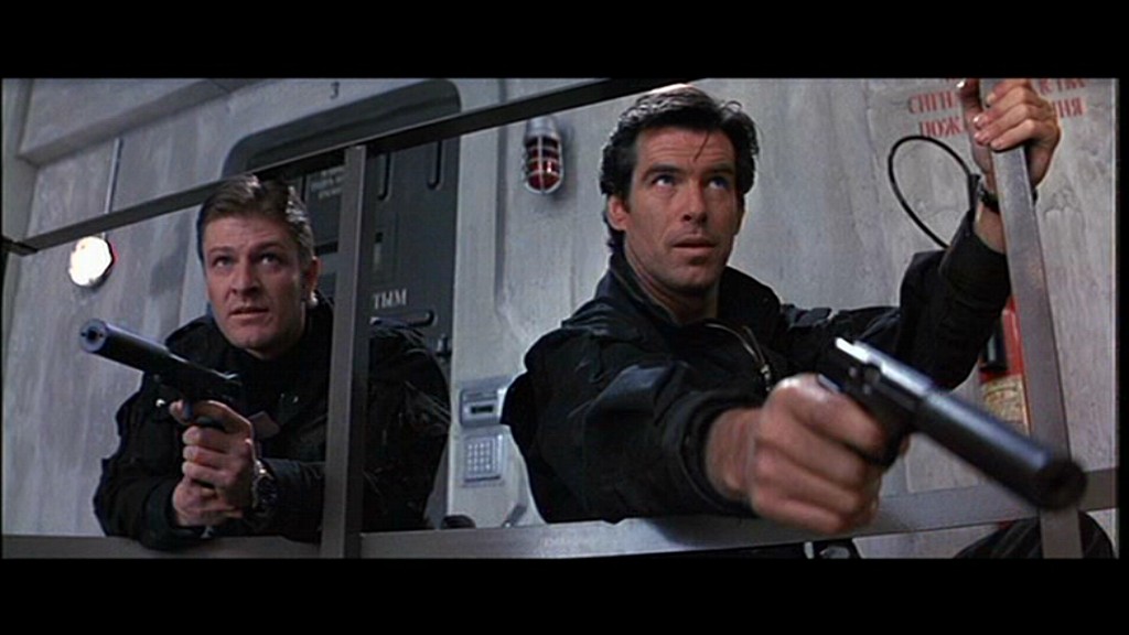 Pierce Brosnan's first James Bond film was 1995's Goldeneye. Pictured on his left is Sean Bean, portraying agent 006, Alec Trevelyan.