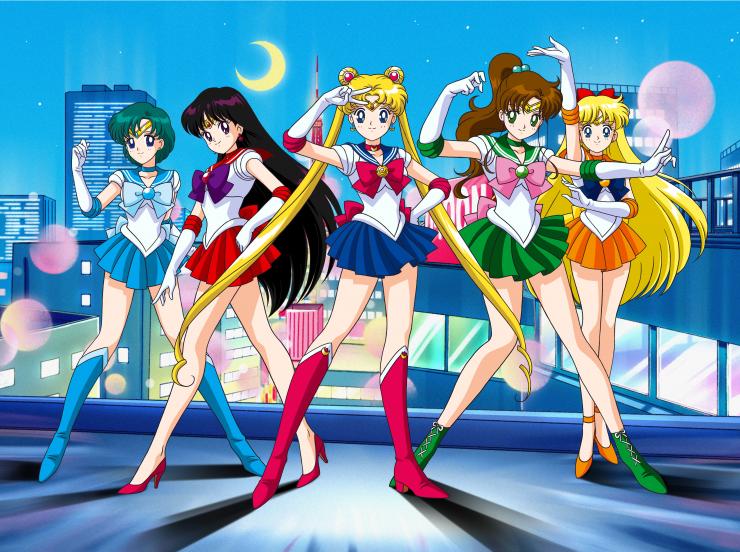 Sailor Moon follows the Sailor Guardians on their journey to fight the forces of evil and keep the world safe. From left to right: Sailor Mercury, Sailor Mars, Sailor Moon, Sailor Jupiter, and Sailor Venus.