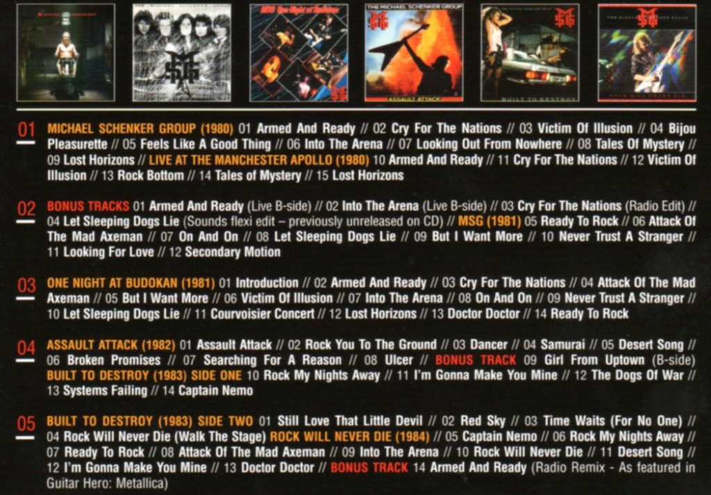 This set includes six classic Schenker albums across five CDs, plus bonus cuts. Detailed track listing above.
