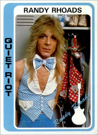 Prior to joining the Ozzy Osbourne Band, Randy Rhoads appeared on Quiet Riot's first two records, released only in japan. This photo comes from the back sleeve of the Quiet Riot II LP, though that outfit is not exactly doing him any favors.