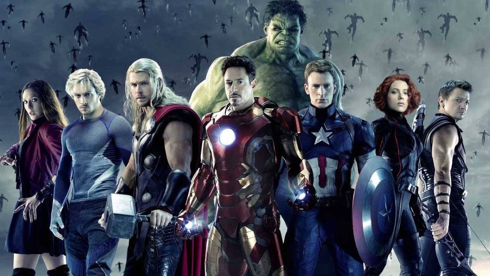 Old and new heroes unite in an epic, cinematic battle. From left: Scarlet Witch, Quicksilver, Thor, Iron Man, Hulk, Captain America, Black Widow, and Hawkeye.