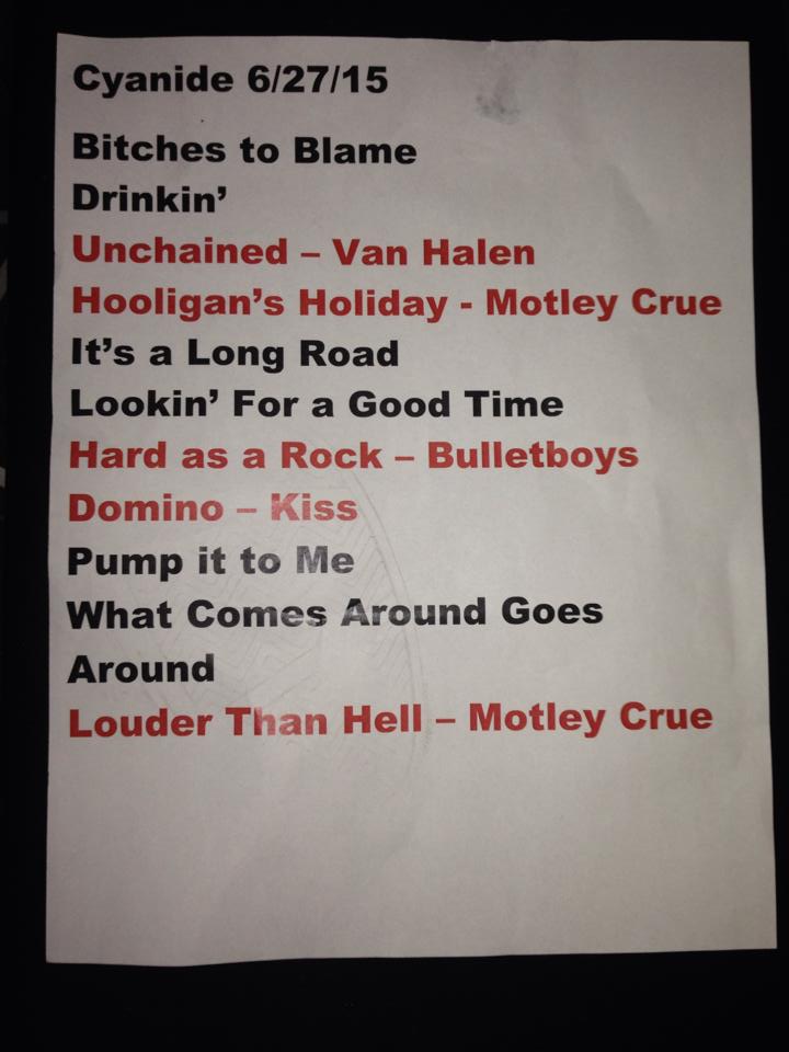 Cyanide setlist, featuring a mixture of tracks from their debut album Lethal Dose, and covers.