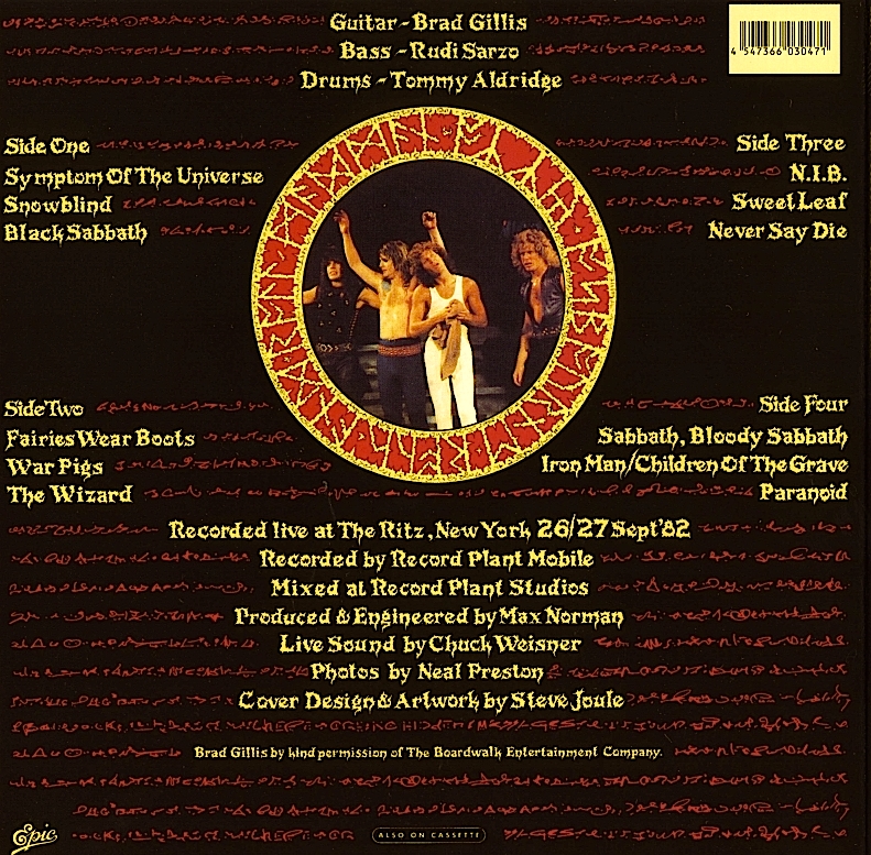 Rear of the original double vinyl sleeve. Note the misspelling of Rudy Sarzo's name.
