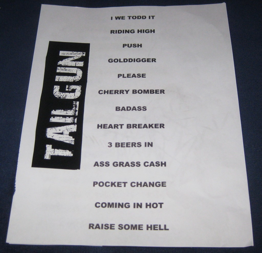 TailGun setlist. Note the abundance of original material.