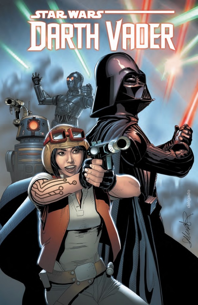 "Shadows and Secrets" is the second story arc of the Darth Vader comic. Dr. Aphra (pictured above with Vader) and her two assassin droids (in the background) have become instant fan favorites.