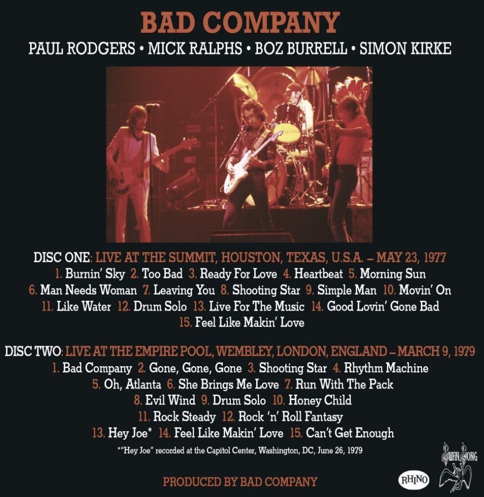 Bad Company's live setlists, as featured on this 2CD set.