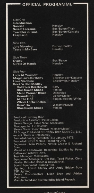 The program, displaying the tracks performed on this live album.